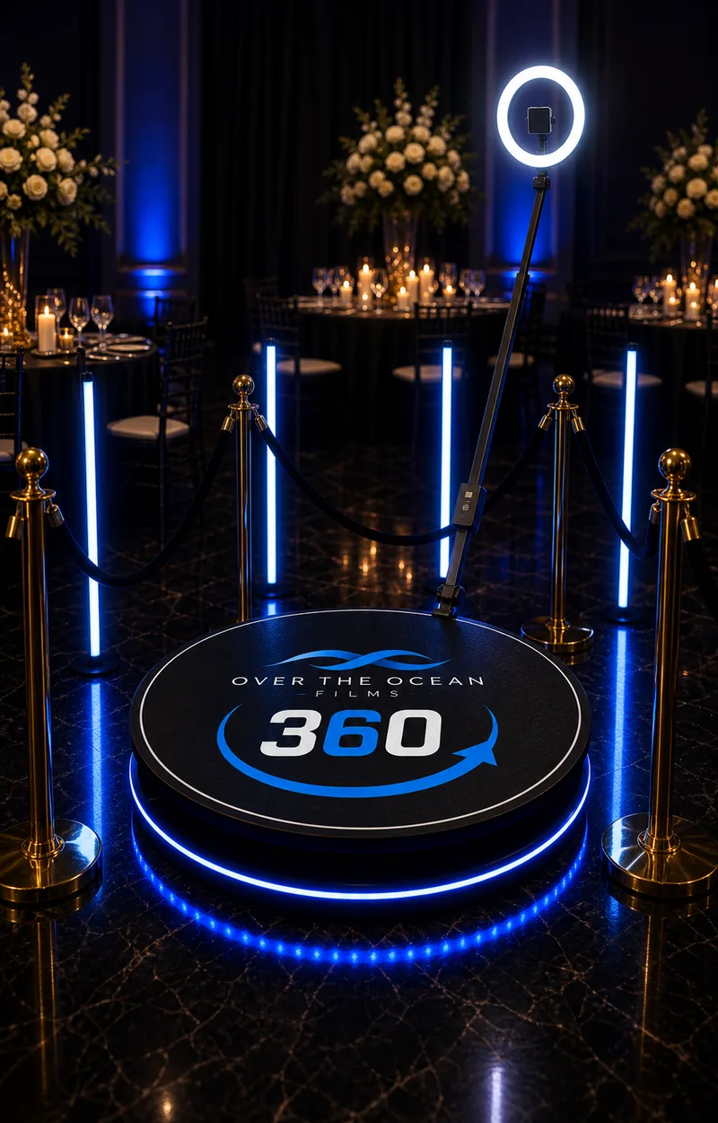 Branded 360 video booth platform with red carpet setup