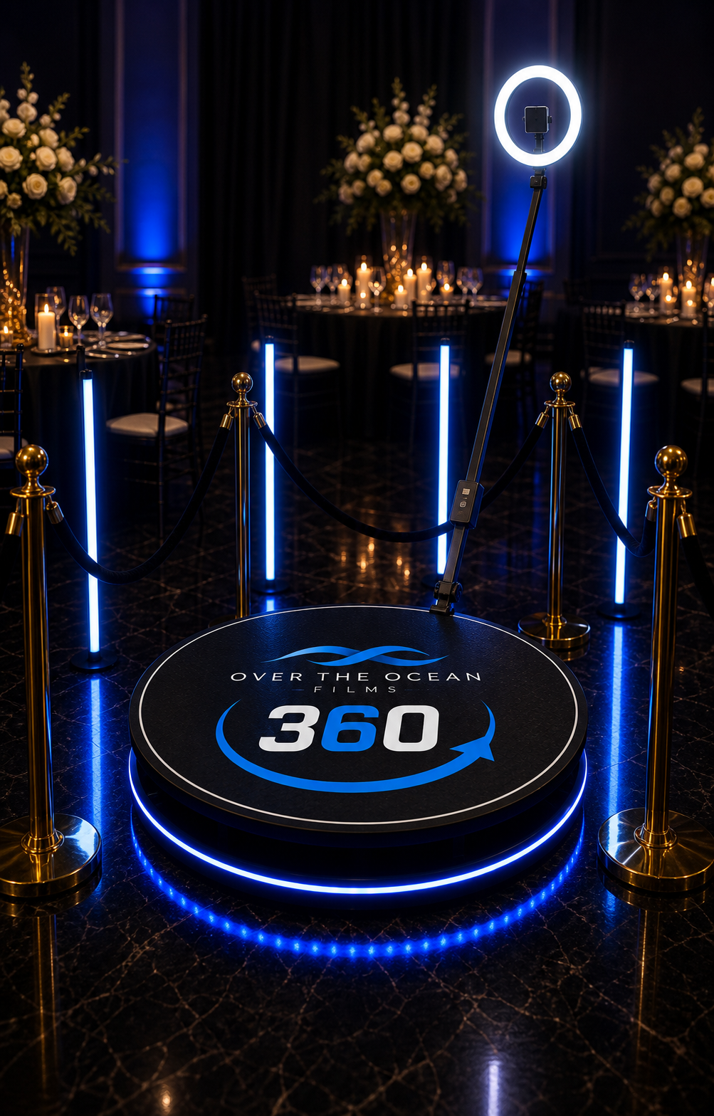 Branded 360 video booth platform with red carpet setup