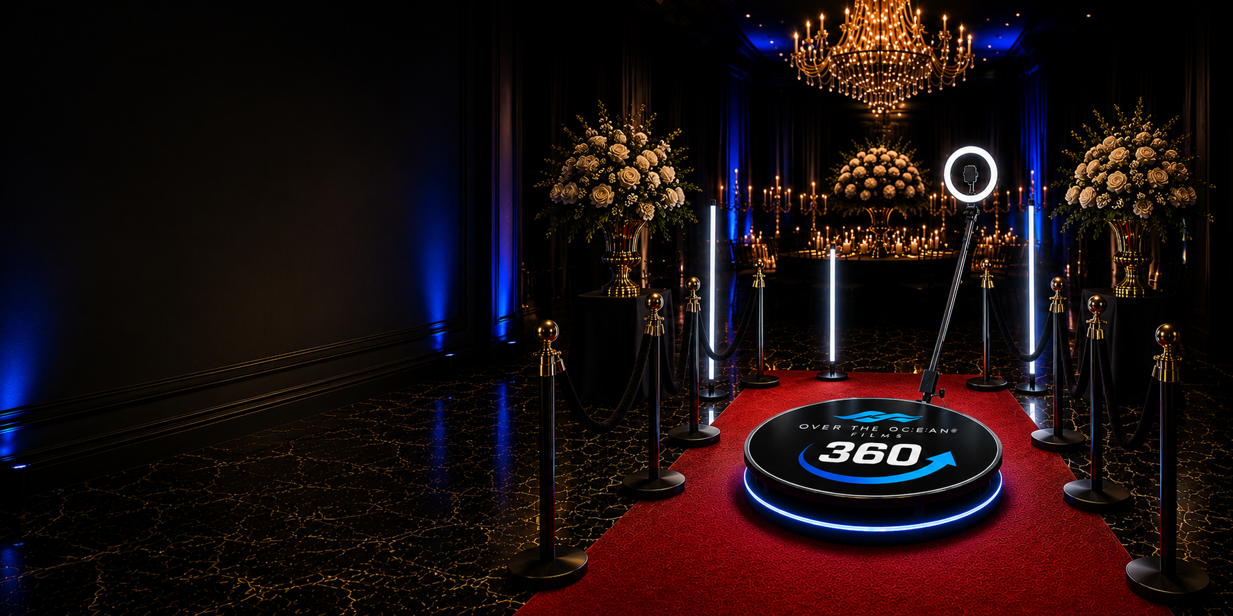 360 video booth setup with branded platform, standing LED lights, and luxury rope stanchions