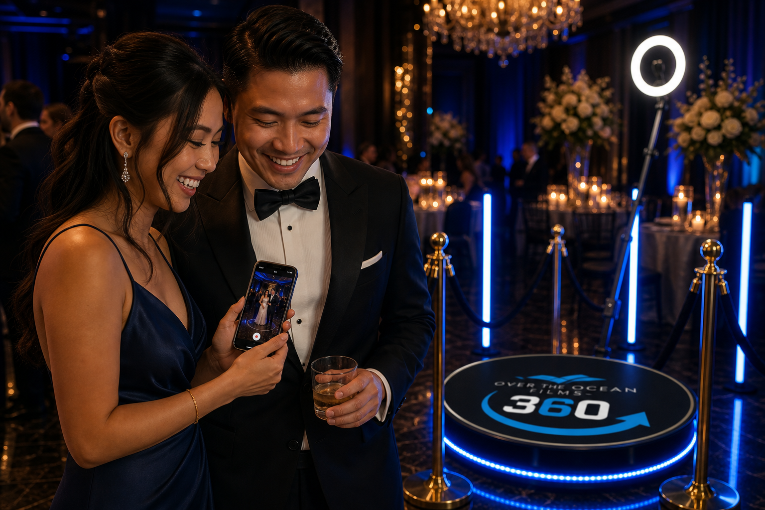 Guests sharing a 360 video booth clip on a phone