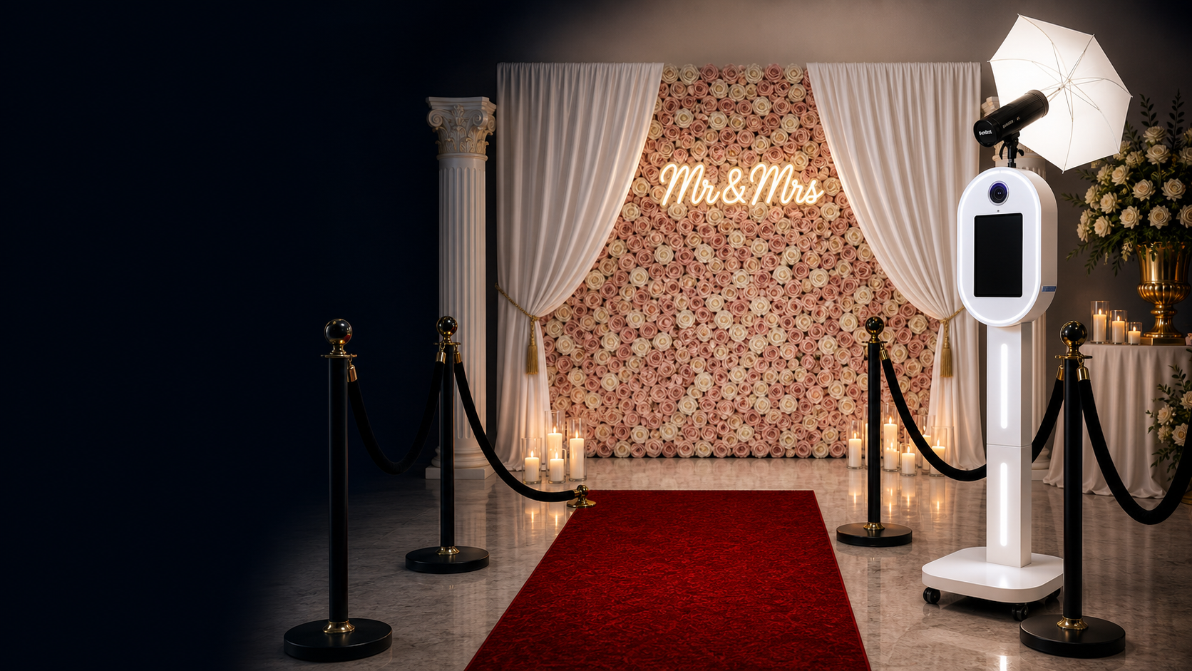 DSLR photo booth setup with red carpet and floral wedding backdrop