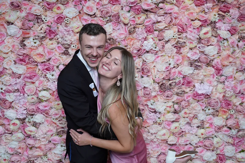 Group of wedding guests at the photo booth